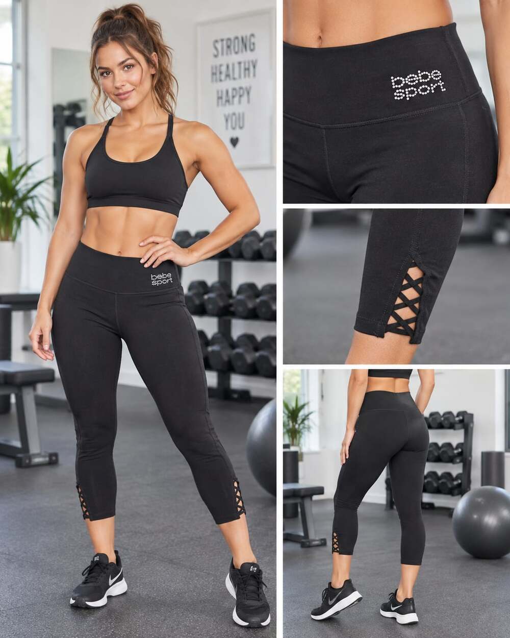 bebe Sport Rhinestone Logo Criss-Cross Hem Leggings Black